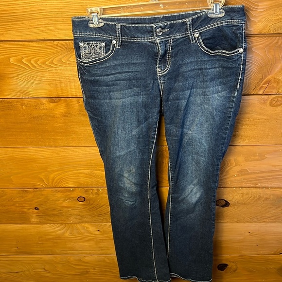 Y2K women’s rhinestone jeans 10 Dark wash faded low rise‎ straight leg stretch - Picture 1 of 9